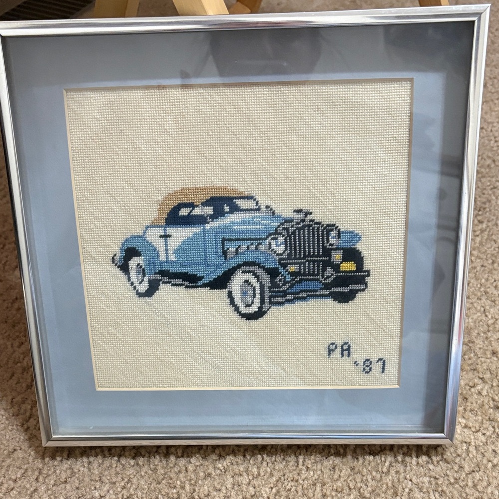Framed Vintage Car Cross-Stitch Art